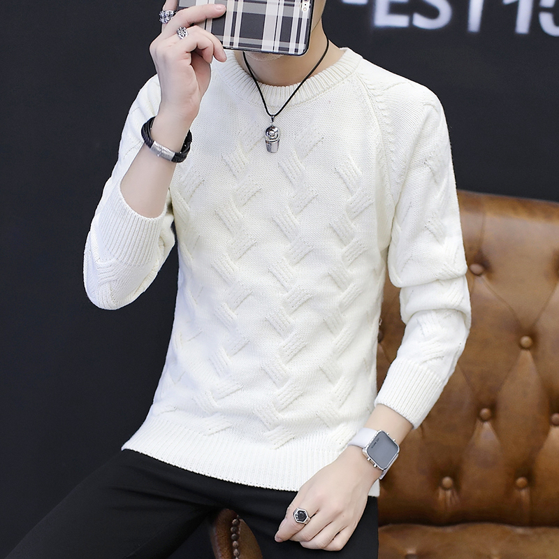 毛衣白色修身男士冬季麻花加厚
