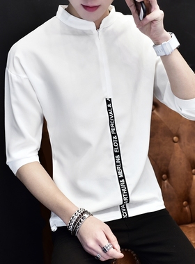 男士短袖衬衫男夏季韩版白色五分潮流t恤7分七分袖春秋bf个性衣服
