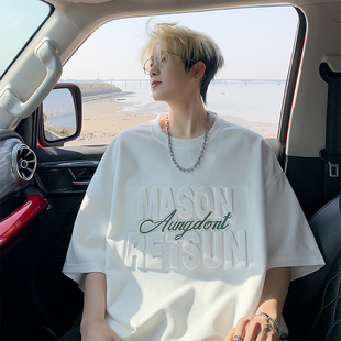 男款 潮流钢印印花半袖 短袖 夏季 宽松体恤白色上衣T恤男 美式 落肩袖