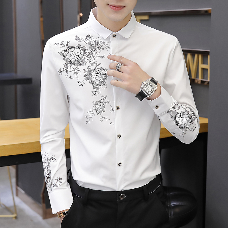春季长袖衬衫男士韩版潮流帅气白衬衣修身上衣服休闲百搭春装寸衫