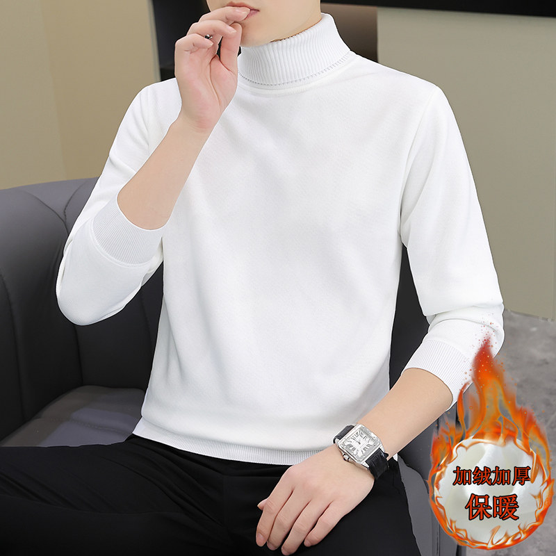 겨울 남성 벨벳 두꺼운 스웨터 높은 칼라 겨울 착용 새로운 흰색 스웨터 슬림 따뜻한 옷 유행 남자