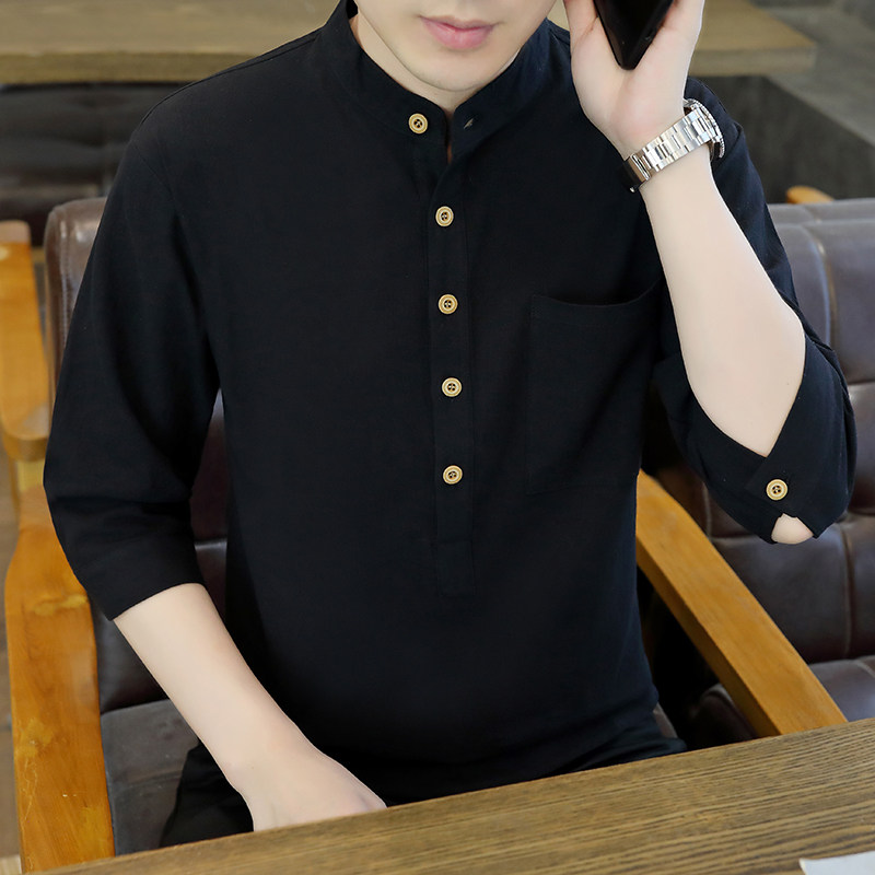 衬衫男韩版修身潮流帅气中国风长袖男士衬衣立领薄款春季休闲唐装