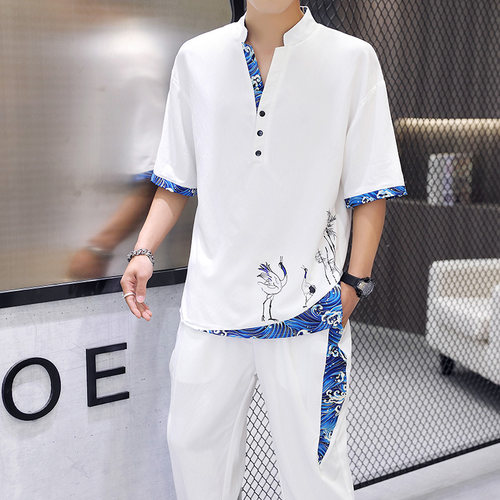 夏季薄款亚麻潮流中国风短袖t恤
