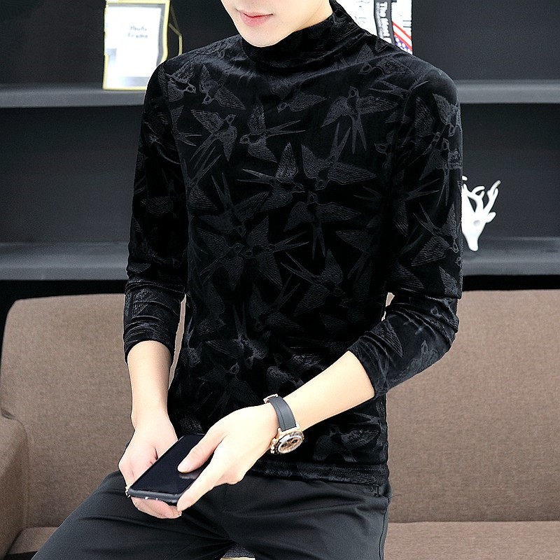 男士金丝绒长袖T恤春秋冬季半高领打底衫潮流帅气潮牌保暖上衣服