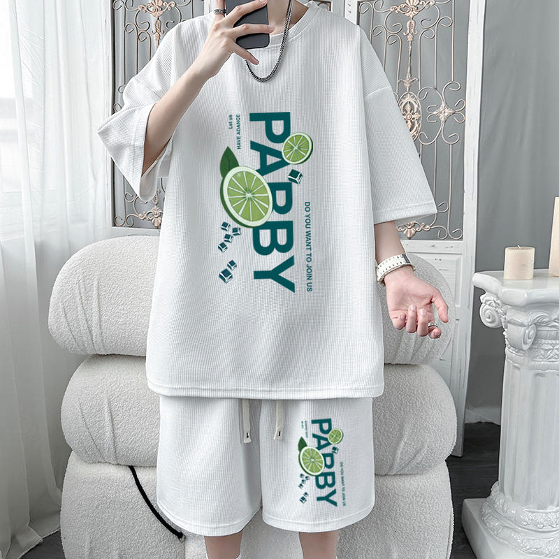 华夫格短袖t恤男夏季休闲运动短裤套装潮流青少年宽松印花两件套