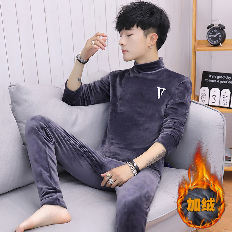 冬季保暖内衣男加绒半高领青年加厚金丝绒套装学生秋衣秋裤打底衫