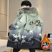 青少年加绒外套男冬季 加厚棉衣初中高中学生帅气派克服 潮流中长款