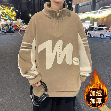 秋冬季13青少年加绒加厚卫衣12岁男孩14初中学生15大童打底衫上衣