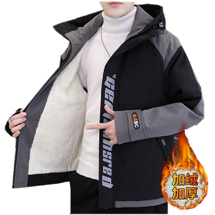 男士外套秋冬款加绒加厚连帽夹克男潮牌冲锋衣冬季工装褂子棉衣服