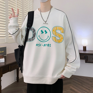 春秋季卫衣男款ins潮牌印花宽松上衣圆领撞色青少年春装长袖t恤男