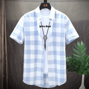 韩版 潮流宽松格子衬衣潮牌休闲男装 短袖 夏季 上衣服外套男 衬衫 男士