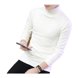 秋冬季白色高领毛衣男士韩版修身线衣纯色加绒加厚针织打底衫衣服