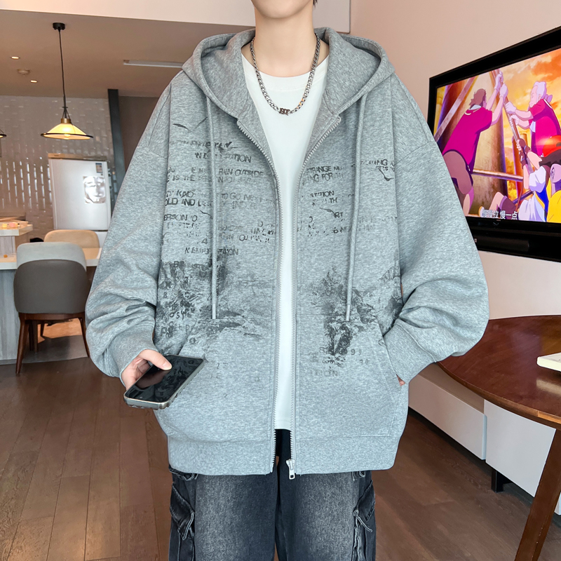 春秋季新款针织连帽外套男孩帅气青少年港风宽松设计感卫衣夹克