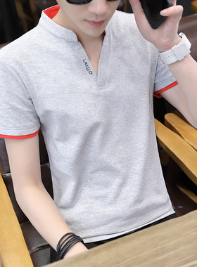 2026夏季男士短袖t恤潮流立领polo衫v领半袖体恤打底衫男装上衣服