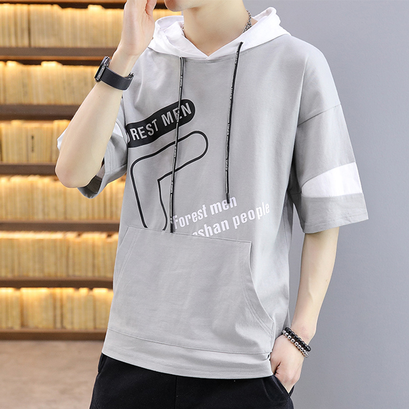 连帽短袖t恤男潮牌五分青少年