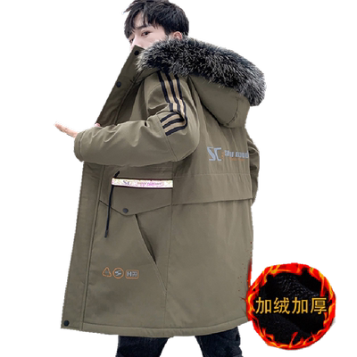 棉衣男潮流中长款加绒加厚派克服