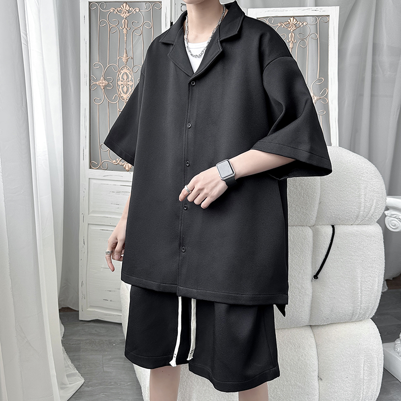 2025夏季男士休闲薄款衬衫潮流冰丝垂感西服套装男宽松时尚两件