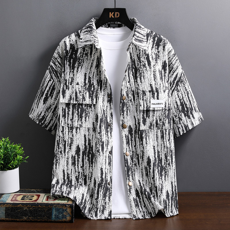 复古碎花短袖衬衫男士冰丝夏装韩版宽松痞帅半袖发型师潮牌花衬衣