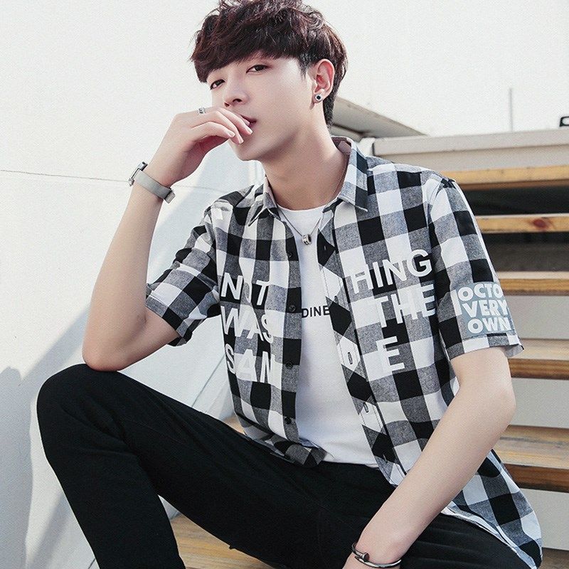 男士个性七分袖衬衫发型师夏季薄款外套休闲衬衣潮流格子短袖寸衫