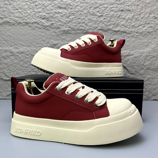 男鞋秋季款红色新款小众厚底增高鞋运动休闲板鞋男款面包鞋大头鞋