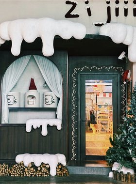 圣诞雪景造雪屋檐白色雪挂冰挂仿真雪顶雪花装饰冬季门头房屋