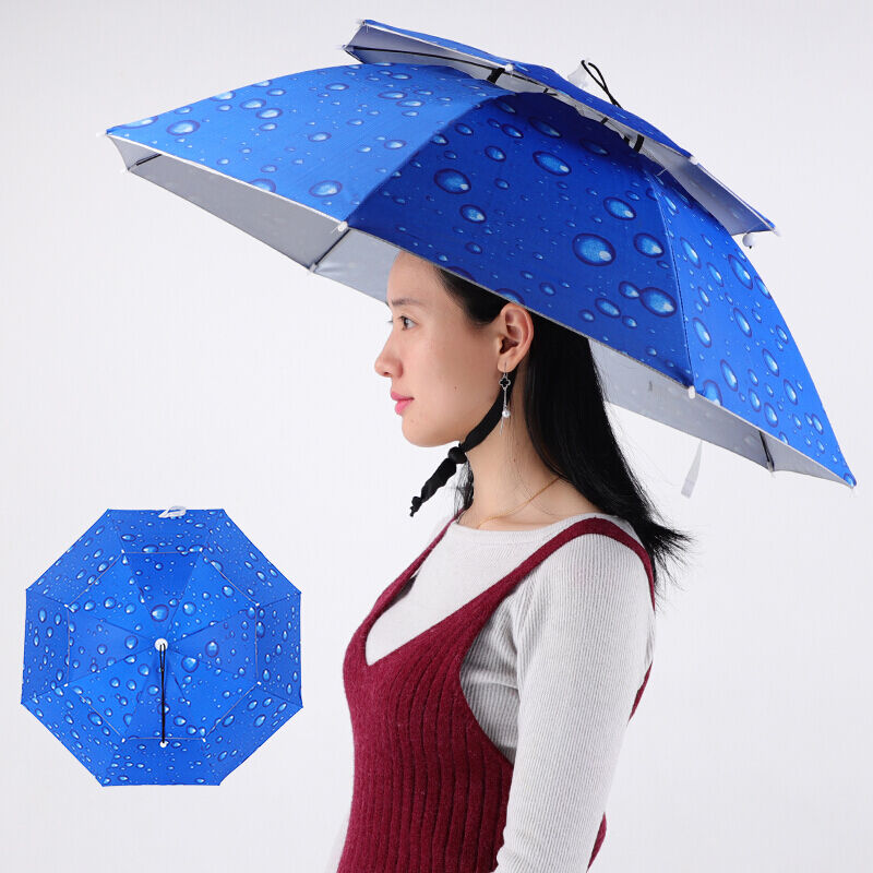 戴在头上的遮阳伞双层钓鱼伞帽软胶头戴式雨伞防晒防雨头顶雨伞帽