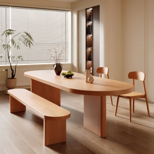 中古风全实木创意餐桌椅组合原木工作台家用吃饭餐书一体椭圆长桌