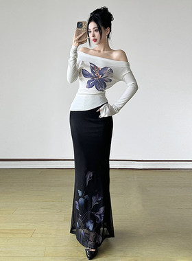 SWEETOWN清幽韵味#紫色系套装一字露肩花卉上衣包臀辣妹半身长裙