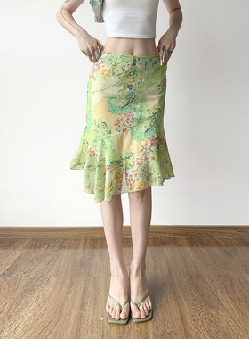 SWEETOWN春和景明#复古油画感碎花荷叶边中长裙小众飘逸包臀半裙