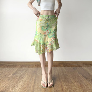 SWEETOWN春和景明 复古油画感碎花荷叶边中长裙小众飘逸包臀半裙