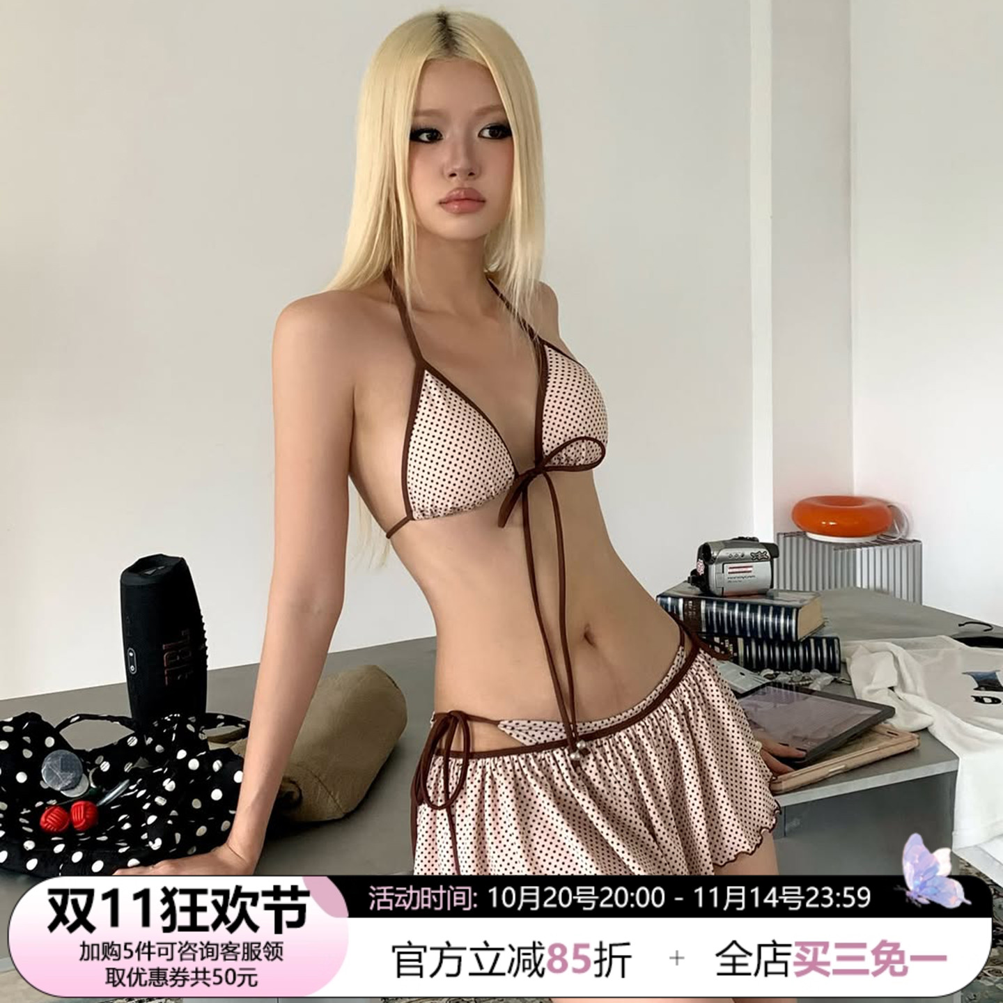 SWEETOWN加州辣妹#性感波点拼色比基尼套装沙滩绑带三点式泳衣夏