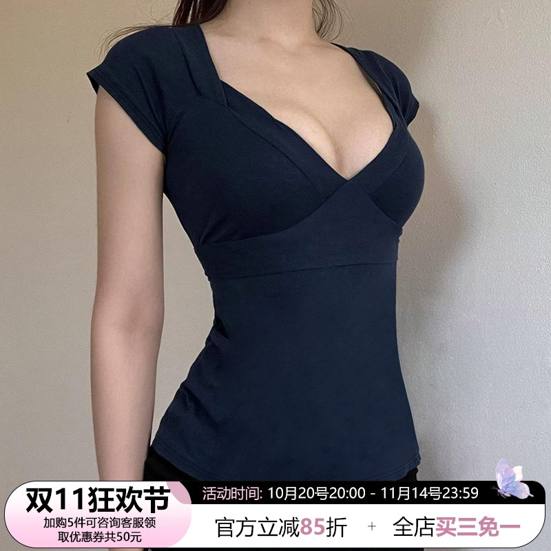 SWEETOWN极简主义#设计感后背绑带深V领短袖上衣显瘦百搭蓝色T恤