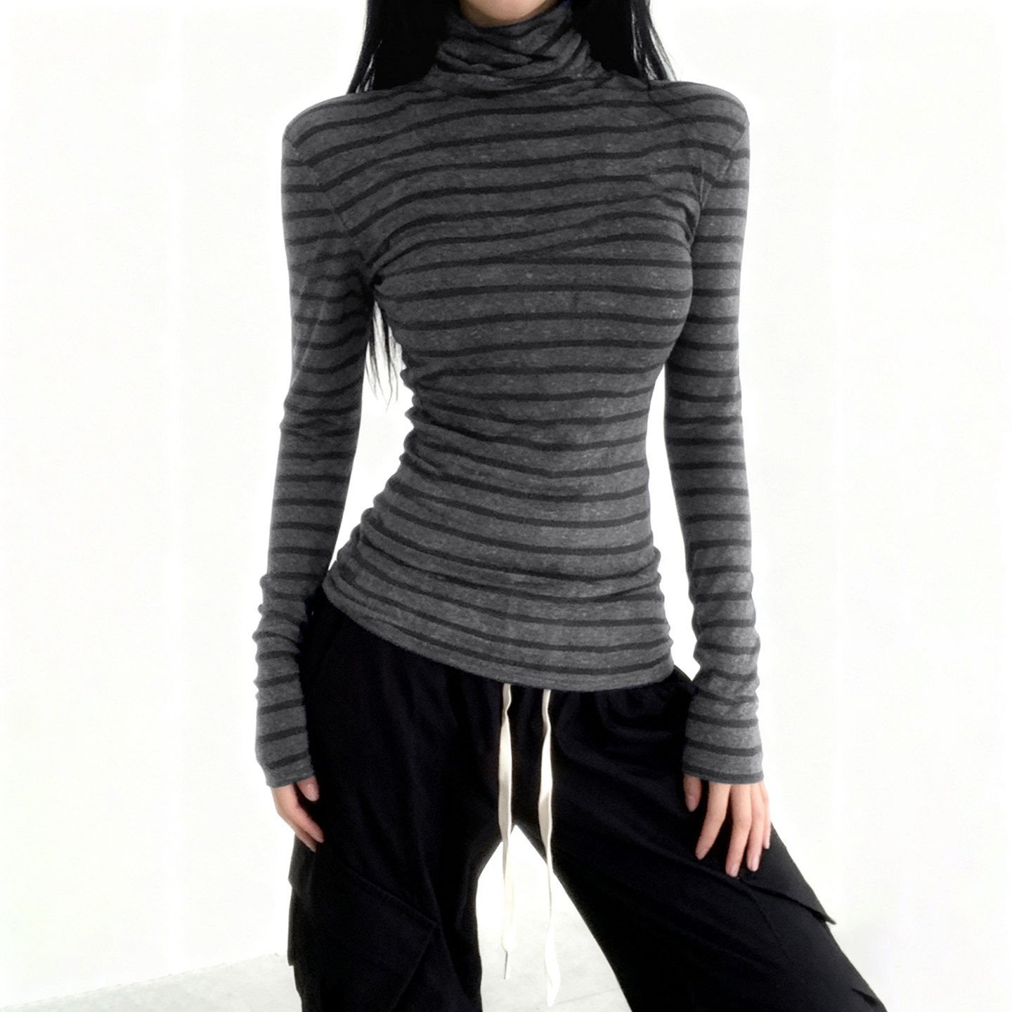 SWEETOWN美式复古条纹拼色小高领长袖上衣紧身显瘦打底百搭上衣女