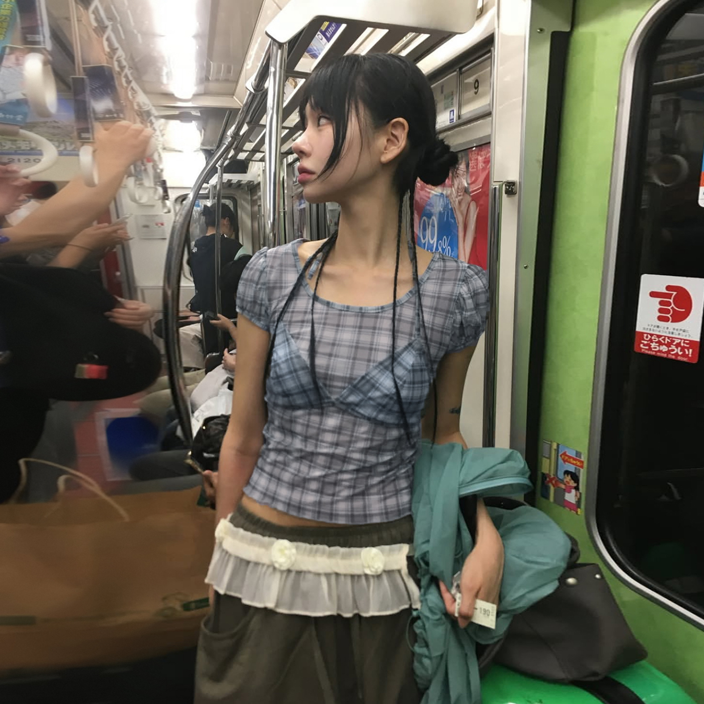 SWEETOWN韩系学姐#ins风网纱假两件短袖上衣复古蓝色系格纹T恤女
