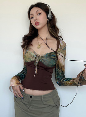 SWEETOWN古着感印花蕾丝边拼接弹性长袖T恤小众复古系带低领上衣