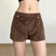 SWEETOWN焦糖复古棕色短绒口袋拼接直筒短裤 vintage辣妹低腰热裤