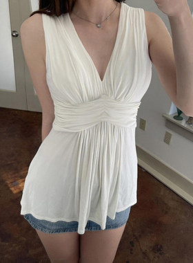 SWEETOWN缪斯之作#艺术感褶皱收腰v领背心纯色百搭显瘦飘逸上衣夏