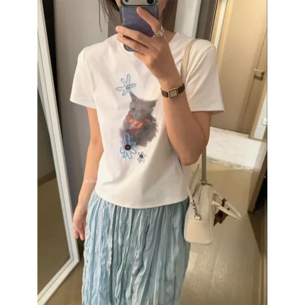 软糯亲肤猫咪花朵刺绣T恤女 减龄宽松百搭小个子圆领短袖上衣ZCG