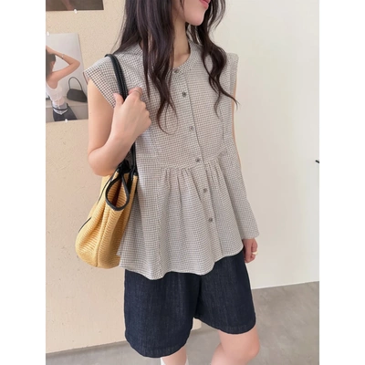 夏季新款时尚韩代格纹无袖衬衫上衣洋气减龄圆领背心小衫女ZGC