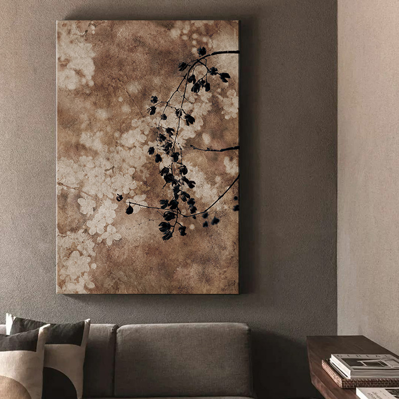 原创茶室挂画民宿玄关入户走廊中古风诧寂风装饰画花卉设计师壁画图片