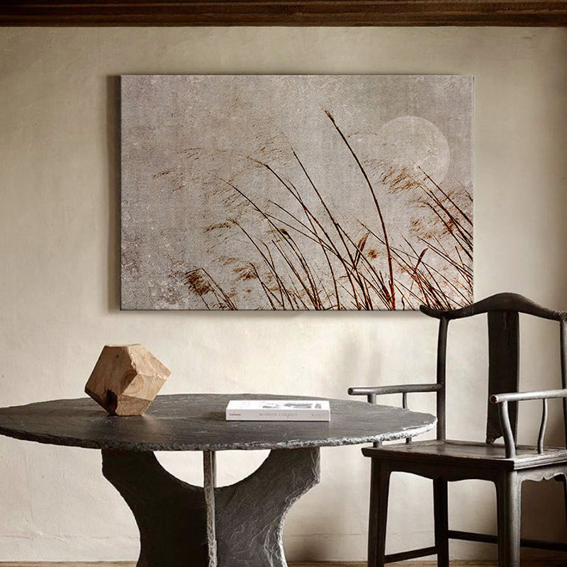 原创简约中式芦苇挂画意境禅意原木轻奢客厅沙发背景横幅侘寂壁画