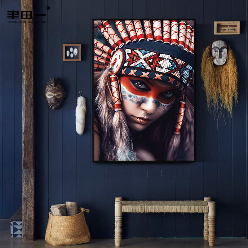 简约现代客厅横幅人物挂画印第安个性竖版大尺寸画壁画轻奢装饰画