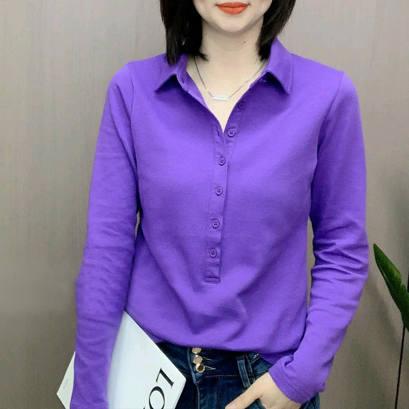 T恤女2022春秋新款时尚宽松POLO领韩版早春女装纯色长袖衬衫体恤
