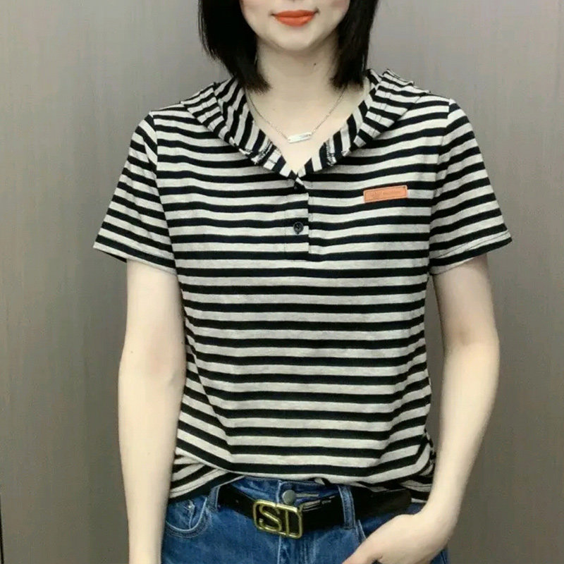 薄款条纹连帽卫衣女2023夏季新款韩版时尚宽松设计感上衣短袖T恤