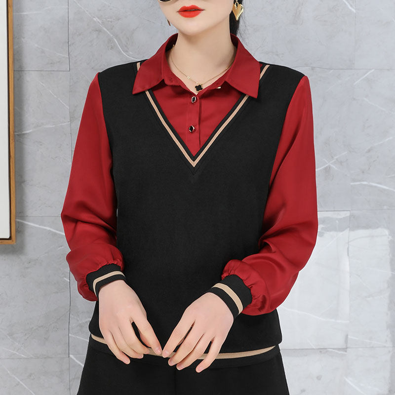 假两件衬衫女2022早春新款宽松显瘦时尚上衣polo领拼色外穿打底衫