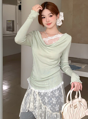 ICYNUDE官方店浅果绿蕾丝拼接假两件上衣修身显瘦设计感针织衫女