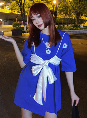 ISTYNI官方店蝴蝶结绑带T恤裙设计感连衣裙女夏季休闲宽松裙子