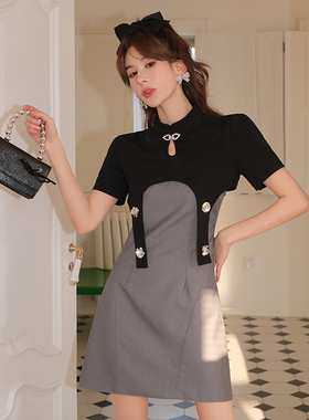 ICYNUDE官方店国风珠片花修身裙春装气质短上衣吊带连衣裙两件套