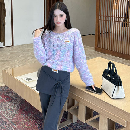 ISTYNI官方店紫蝴蝶针织毛衣宽松慵懒风时尚减龄休闲上衣女秋新款