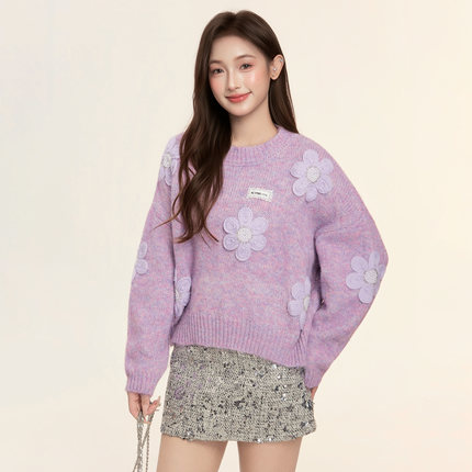 ICYNUDE官方店紫色贴花针织上衣甜美百搭休闲宽松毛衣女秋冬新款